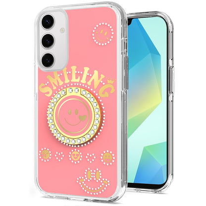 For Samsung Galaxy A16 5G Smiling Glitter Ornament Bling Sparkle with Ring Stand Hybrid Slim TPU + Hard Back Shell Case Cover