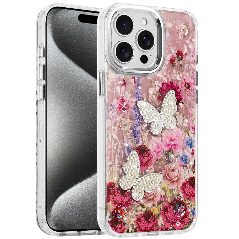 For Apple iPhone 13 Pro Max Epoxy Glitter Flowers Bling 3D Butterfly Fashion TPU Hybrid with Shockproof Protection Case Cover