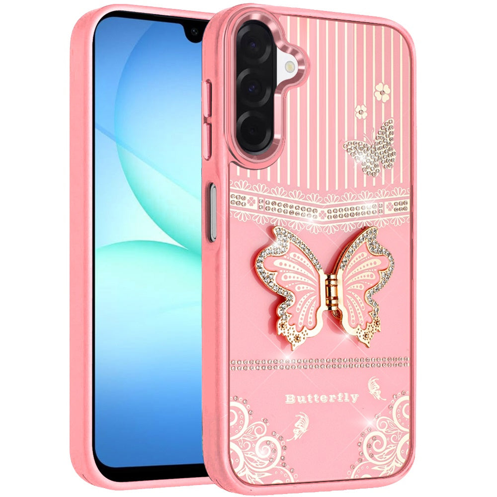 Phone Case for Samsung Galaxy A17 5G Glitter Bling Butterfly Stand Metallic Edge Hybrid Shockproof Grip Durable Camera Protection Stylish Design Cover