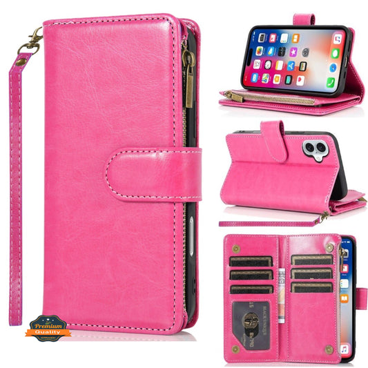 For Motorola Moto G Stylus 5G 2025 Leather Wallet Case with Zipper, 9 Card Slots, Cash Pocket, Stand & Strap, Clutch Pouch Design Case Cover Hot Pink