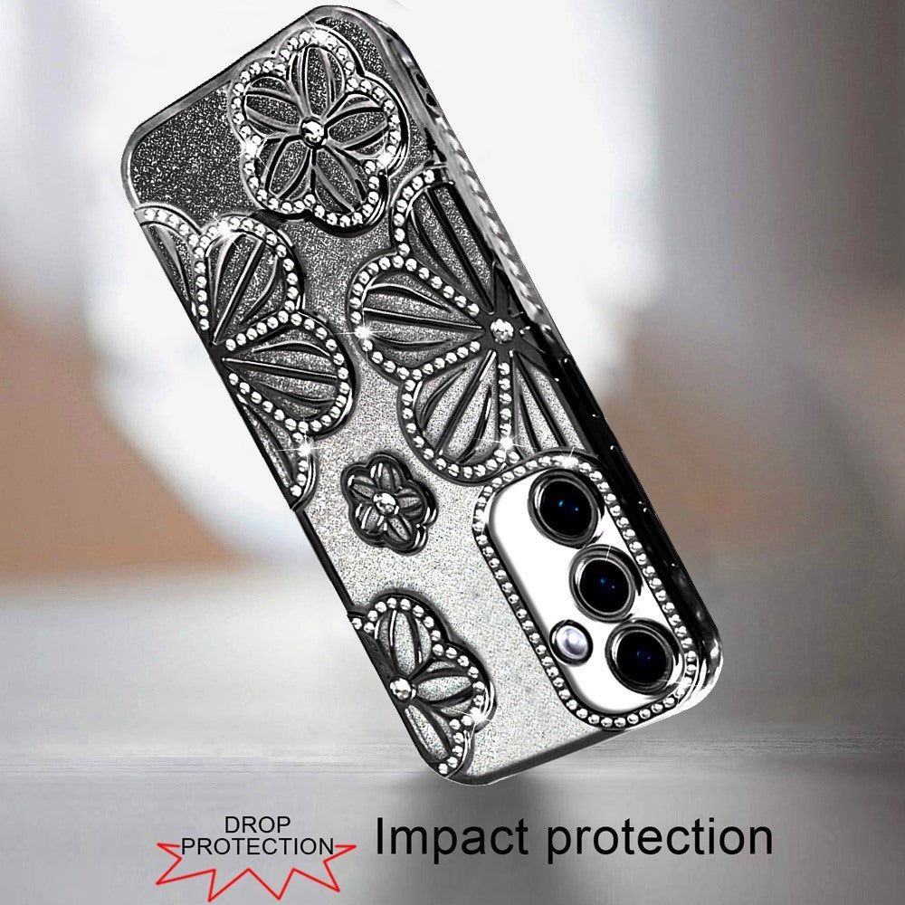 For Samsung Galaxy A26 Luxury Flower Design Sparkle Glitter Diamond Rhinestone Shimmer Bling Plating Thick TPU Hard PC Case Cover Flower Black