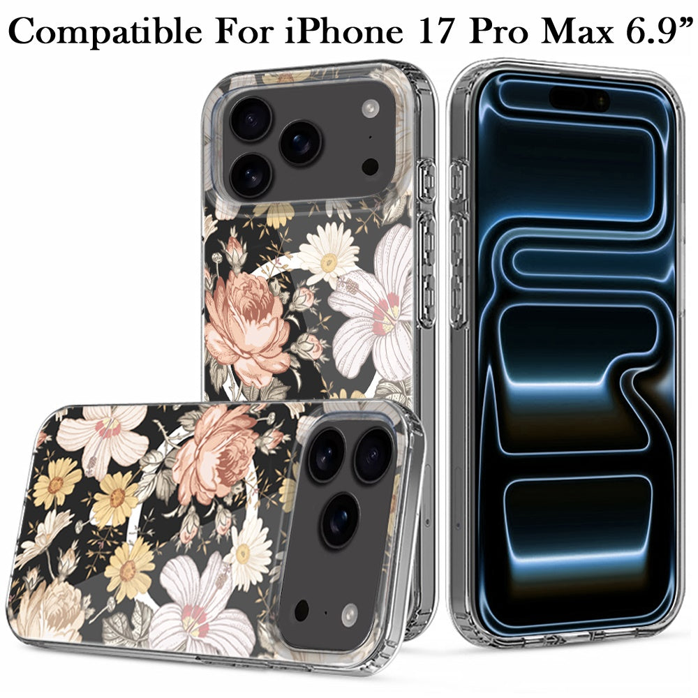 For Apple iPhone 17 Pro Max Hybrid Flower Design Stylish Fashion Case, MagSafe Compatible, Thick Shockproof Hard PC Case Cover