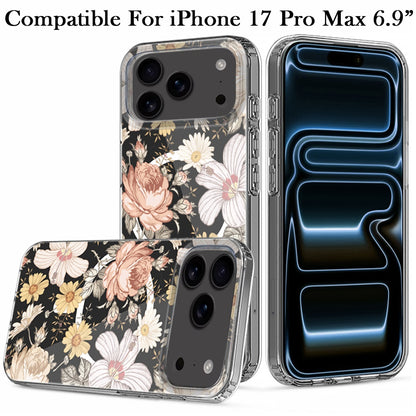 For Apple iPhone 17 Pro Max Hybrid Flower Design Stylish Fashion Case, MagSafe Compatible, Thick Shockproof Hard PC Case Cover