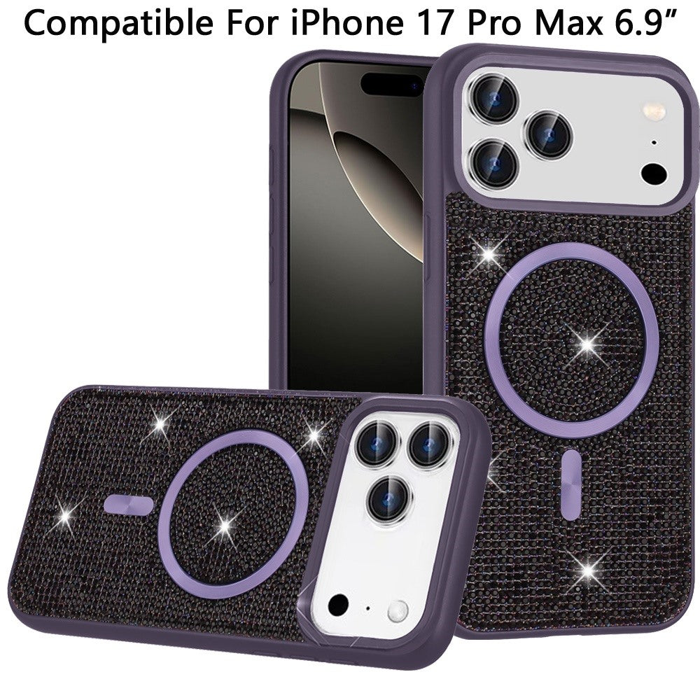 For Apple iPhone 17 Pro Max (6.9") Sparkly Diamond Bling Case Rhinestone Skin Hybrid with Magnetic Circle, MagSafe Compatible Case Cover Purple