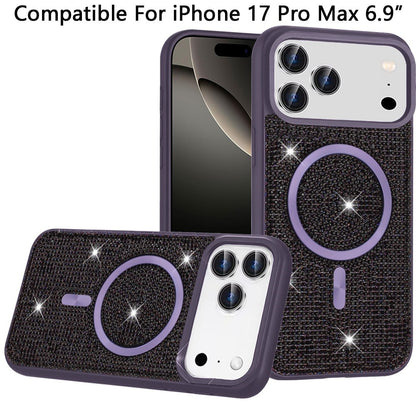 For Apple iPhone 17 Pro Max (6.9") Sparkly Diamond Bling Case Rhinestone Skin Hybrid with Magnetic Circle, MagSafe Compatible Case Cover Purple