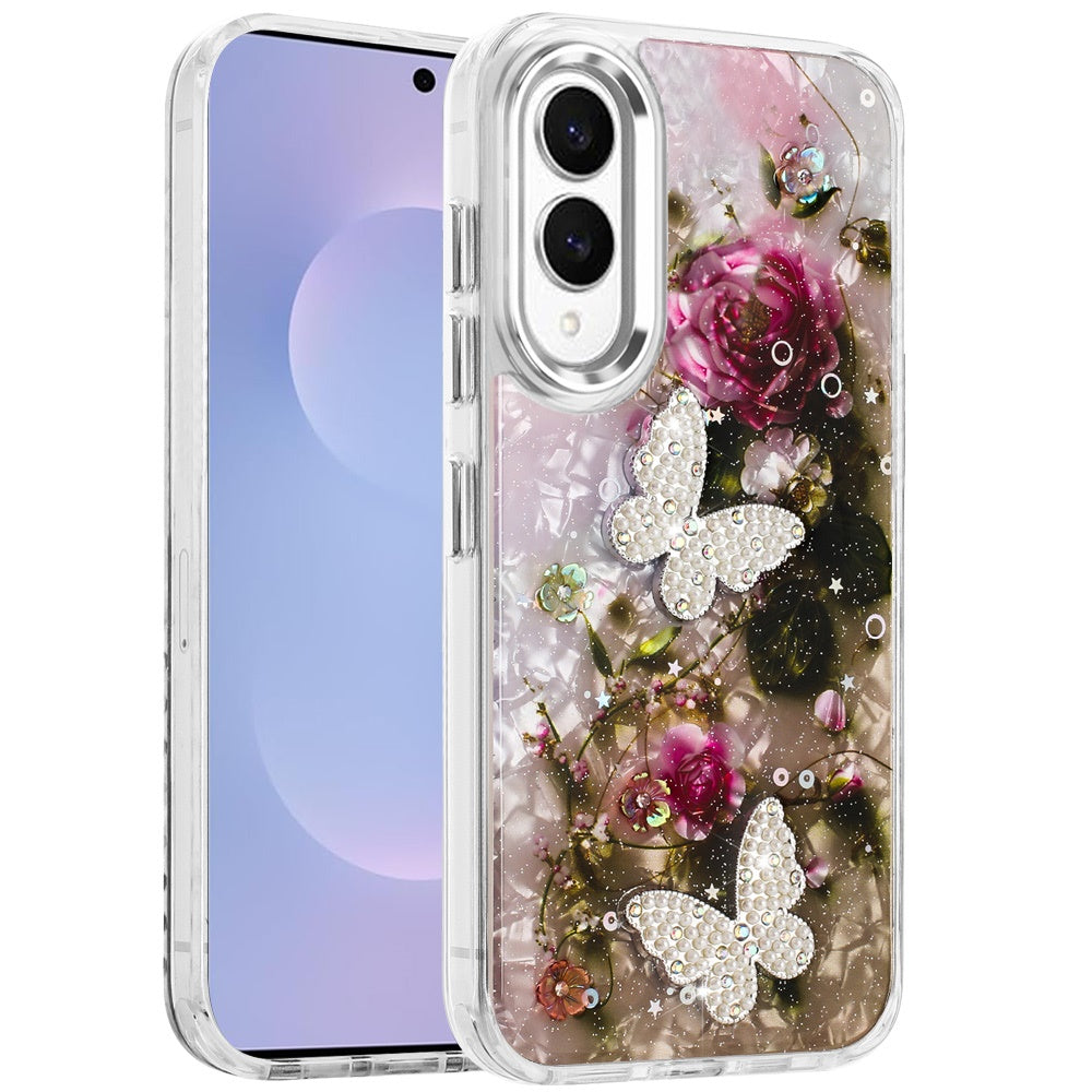 For Samsung Galaxy S25 EDGE Epoxy Glitter Flowers Bling 3D Butterfly Fashion TPU Hybrid with Shockproof Protection Case Cover