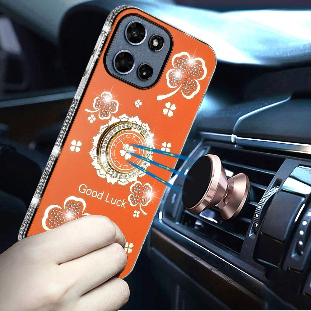 For Motorola Moto G 5G 2026/2025 Diamonds Bling All Around Edges Sparkly Glitter Hybrid with Ring Stand Holder Fashion Good Luck Case Cover Cosmic Orange