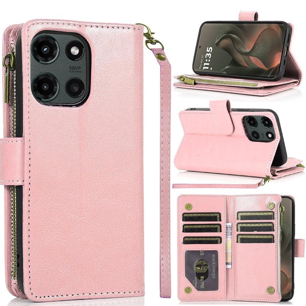 For Motorola Edge 2025 Leather Wallet Case with Zipper, 9 Card Slots, Cash Pocket, Stand & Strap, Clutch Pouch Design Case Cover Rose Gold