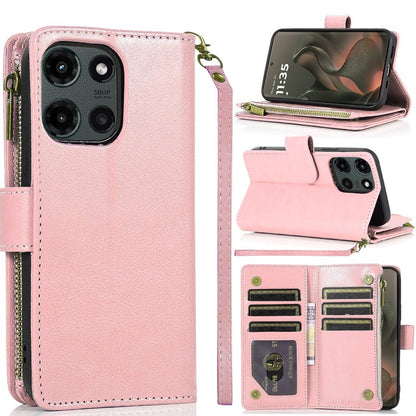For Motorola Edge 2025 Leather Wallet Case with Zipper, 9 Card Slots, Cash Pocket, Stand & Strap, Clutch Pouch Design Case Cover Rose Gold