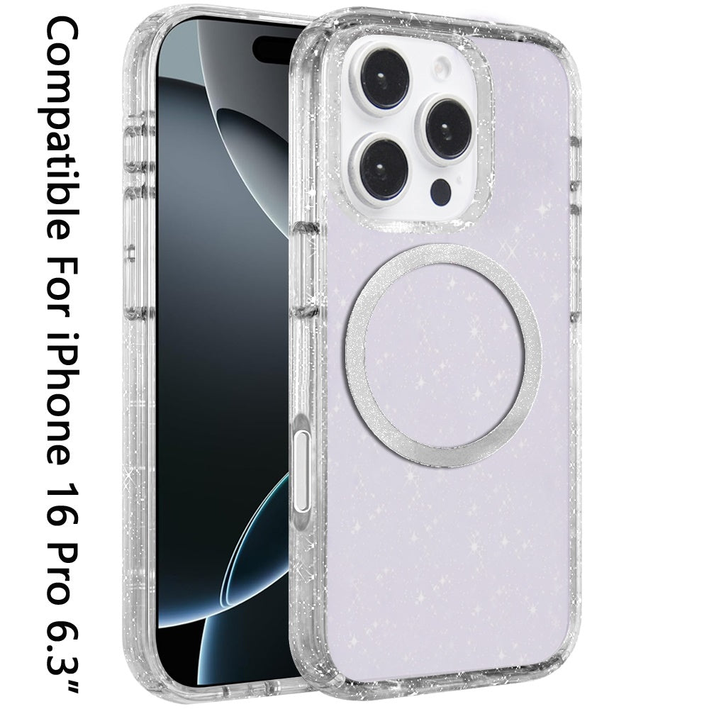 For Apple iPhone 16 Pro (6.3") Transparent Glitter Bling Sparkly Shiny Case Hybrid Magnetic Circle Compatible with MagSafe Shockproof Case Cover