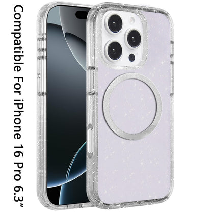 For Apple iPhone 16 Pro (6.3") Transparent Glitter Bling Sparkly Shiny Case Hybrid Magnetic Circle Compatible with MagSafe Shockproof Case Cover
