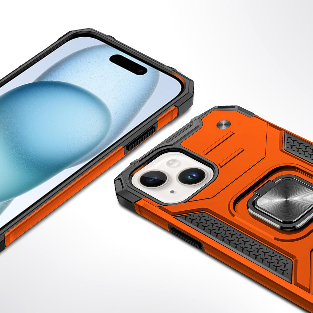 For iPhone 15 Plus (6.7") Armor Hybrid Magnetic Stand with Ring Holder Kickstand Shockproof Heavy-Duty Durable Rugged TPU Dual Layer Case Cover Cosmic Orange
