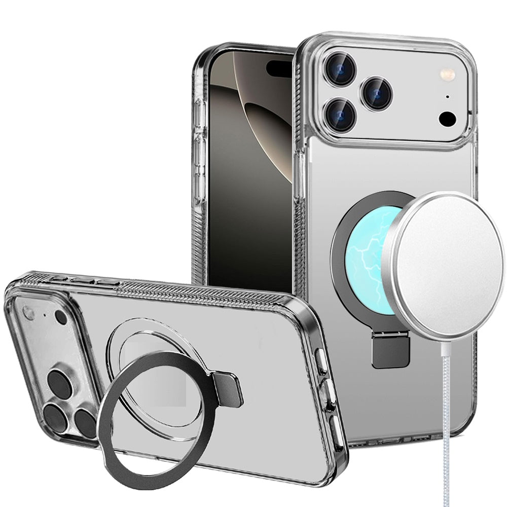 Phone Case for Apple iPhone 17 Pro Max (6.9") Transparent Dotted Edge Magnetic Ring Stand Shockproof Hybrid Grip Kickstand Clear Rugged Drop Protection Cover Black