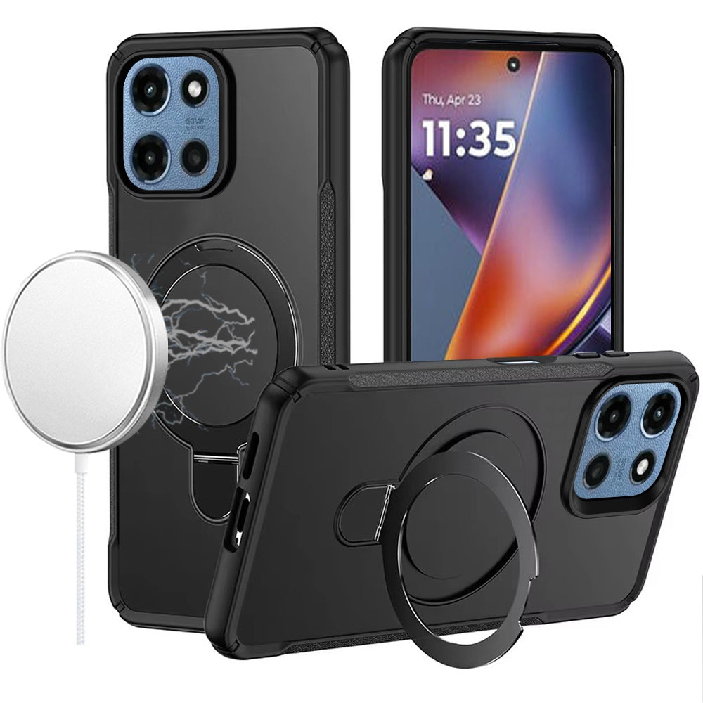 Phone Case for Motorola Moto G Play 5G 2026 Magnetic Ring Stand Matte Finish Shockproof Grip Slim Armor Heavy Duty TPU Protective Hybrid Cover Black