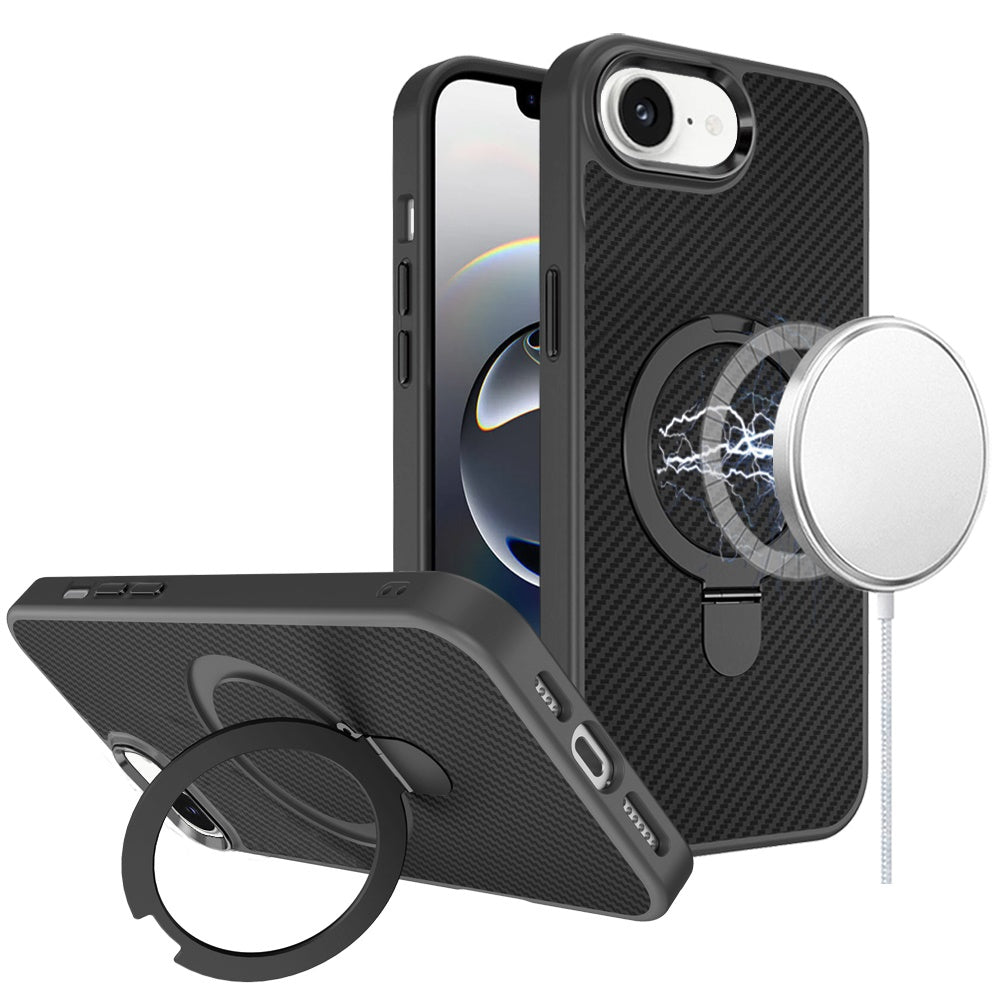 For Apple iPhone 17E /16E Hybrid Carbon Fiber Design with MagSafe Compatible [Magnetic Circle], Ring Stand Shockproof Slim TPU Case Cover
