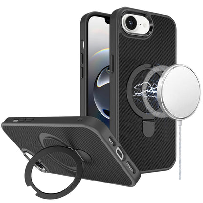 For Apple iPhone 17E /16E Hybrid Carbon Fiber Design with MagSafe Compatible [Magnetic Circle], Ring Stand Shockproof Slim TPU Case Cover