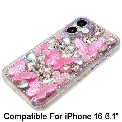 For Apple iPhone 16 (6.1") 3D Diamond Floral Butterfly Bling Stone Hybrid, Sparkly Rhinestone Gemstone Back Shockproof Case Cover