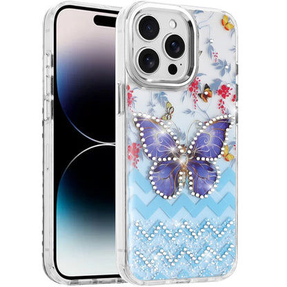 For iPhone 14 Pro Max (6.7") Butterfly Resin Epoxy Diamond Design Metal Edged Hybrid Shockproof Heavy Duty Drop Protection Case Cover