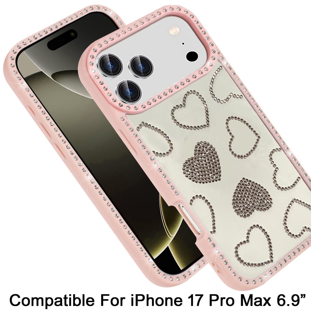 Phone Case for Apple iPhone 17 Pro Max (6.9") Spread Love Hearts Glitter Shimmer Bling Diamond Edge Shockproof Hybrid Stylish Protective Slim Grip Designer Cover Pink