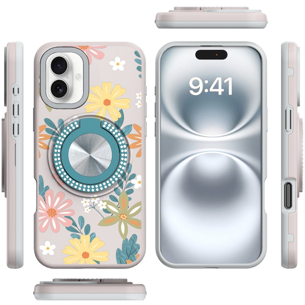 For Samsung Galaxy A16 Pattern Design Hybrid with Invisible Ring Stand & Magnetic Back, Shockproof Protective Grip Case Cover Summer Blossom Flowers