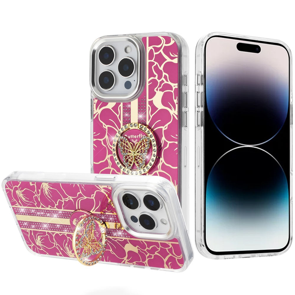 For Motorola Moto G 5G 2025 Diamonds 3D Butterfly Floral Design Bling Sparkly Glitter Hybrid Metal Fashion with Ring Stand Case Cover Hot Pink