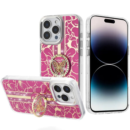 For Motorola Moto G 5G 2025 Diamonds 3D Butterfly Floral Design Bling Sparkly Glitter Hybrid Metal Fashion with Ring Stand Case Cover Hot Pink