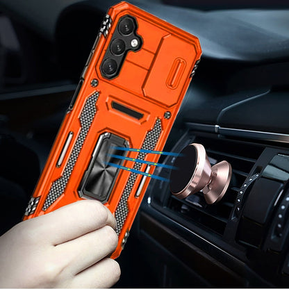 For Samsung Galaxy A16 5G Tough Hybrid Case with Movable Camera Window & Metal Ring Stand Shockproof Case Cover Cosmic Orange