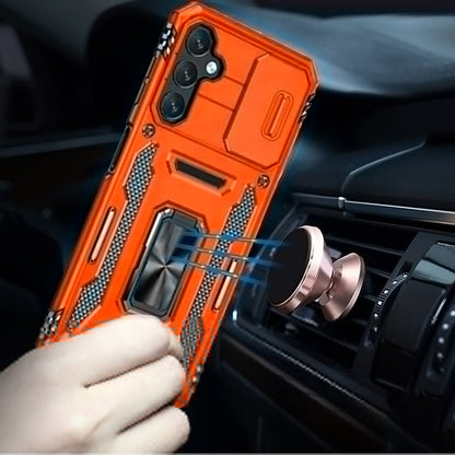 For Samsung Galaxy A16 5G Tough Hybrid Case with Movable Camera Window & Metal Ring Stand Shockproof Case Cover Silver