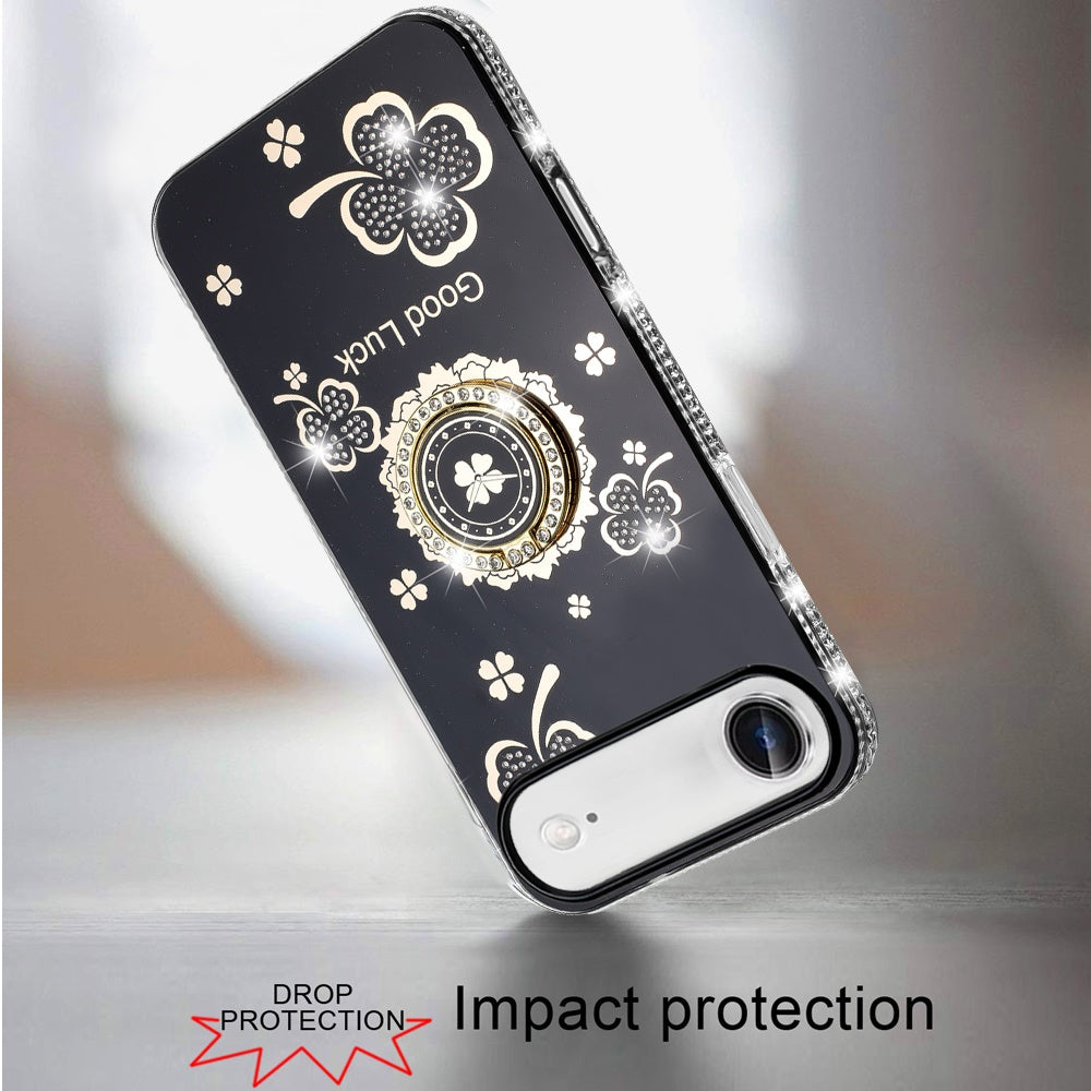 For Apple iPhone 17 Air (6.6") Diamonds Bling All Around Edges Sparkly Glitter Hybrid with Ring Stand Holder Fashion Good Luck Case Cover