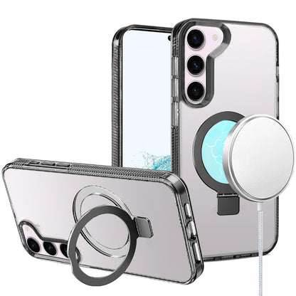 Phone Case for Samsung Galaxy S22 Transparent Dotted Edge Magnetic Ring Stand Shockproof Hybrid Grip Kickstand Clear Rugged Drop Protection Cover Black