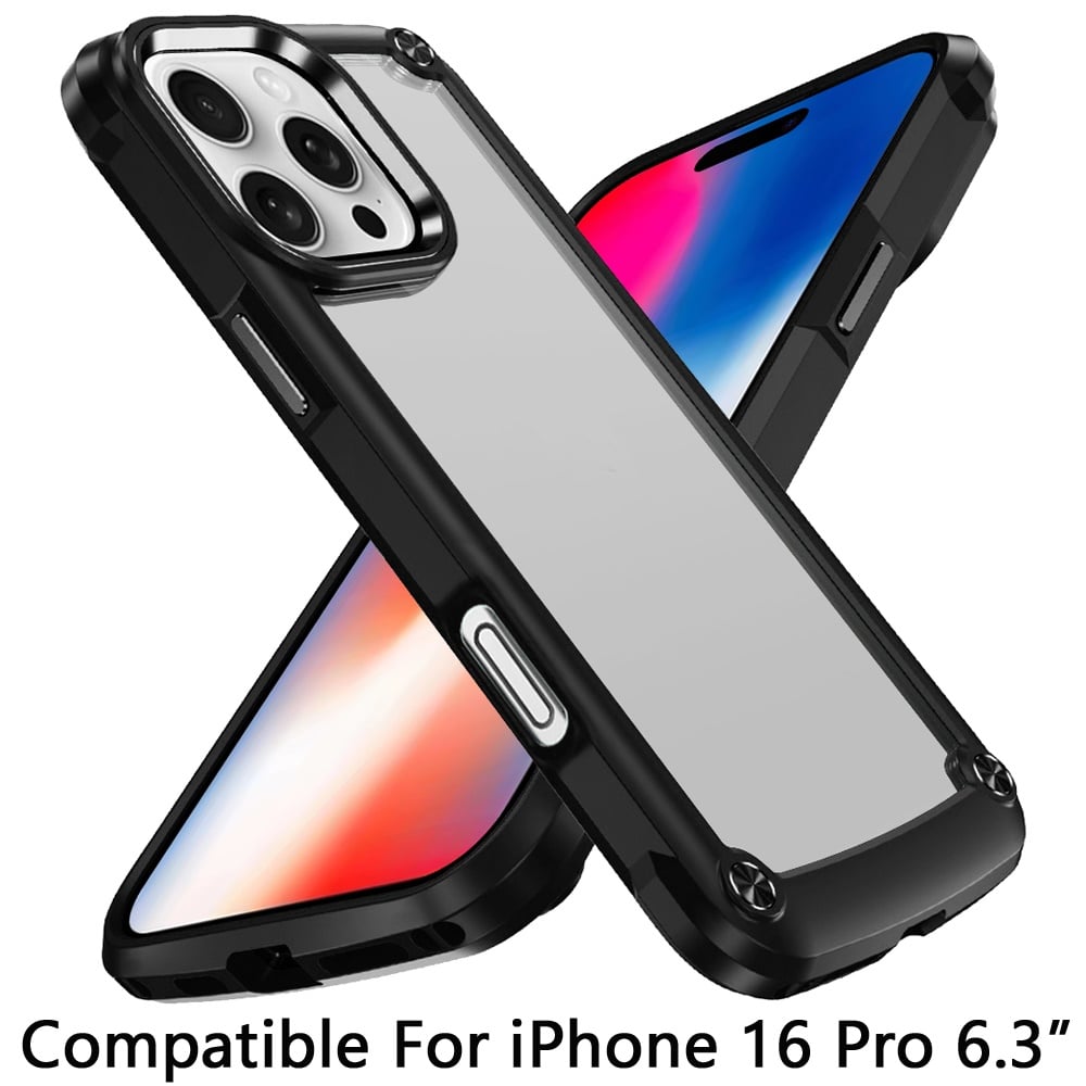 For Apple iPhone 16 Pro Hybrid Transparent Rubber with Metal Buttons & Camera Edges Hard TPU Corner Frame Bumper Case Cover Red