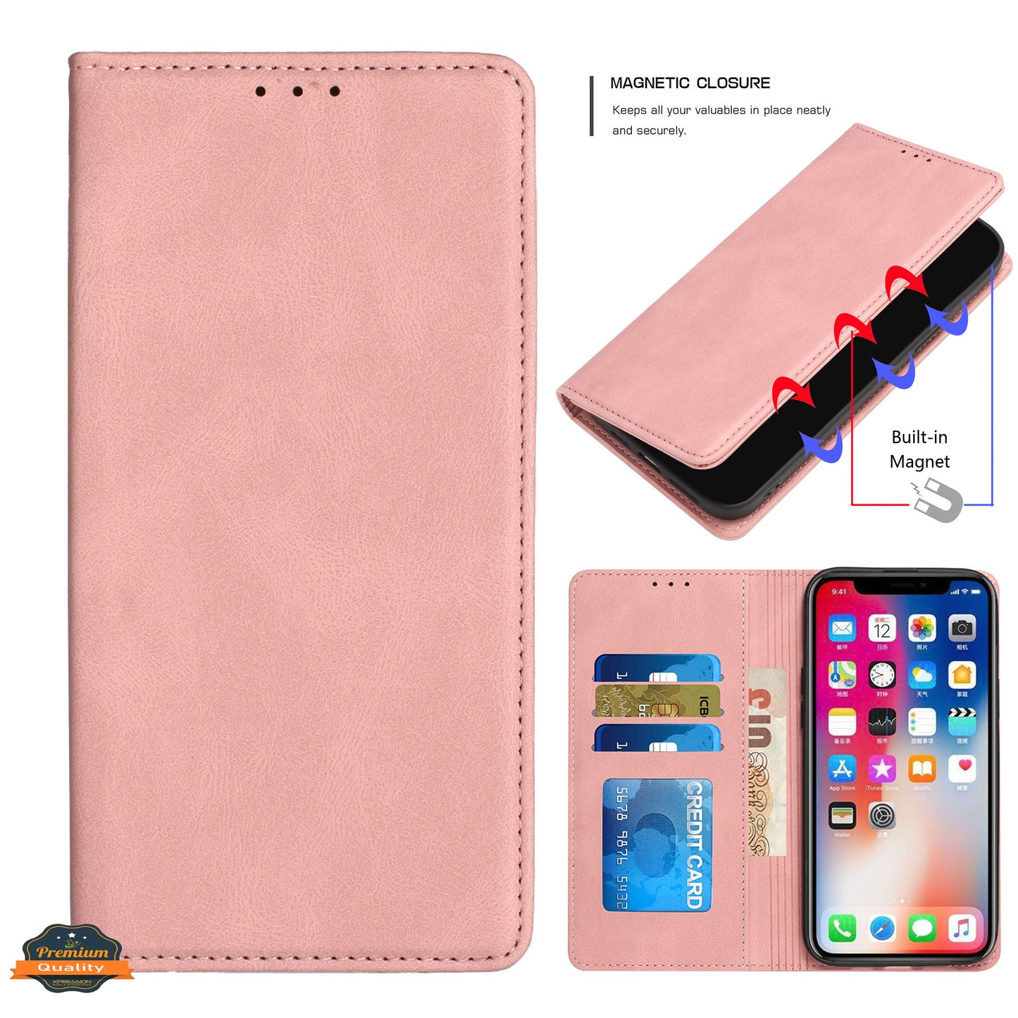For Apple iPhone 16 Pro (6.3") PU Leather Pouch Flip Folio Wallet ID Credit Card Slots Money Holder with Magnetic Closure & Kickstand Case Cover