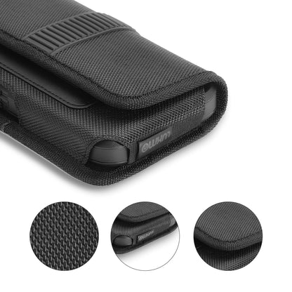 For Apple iPhone 16 Pro (6.3") Universal Horizontal Nylon Phone Case Carrying Pouch Cover with Card Storage Pocket & Belt Clip Loop Holster Front Grip [Black]