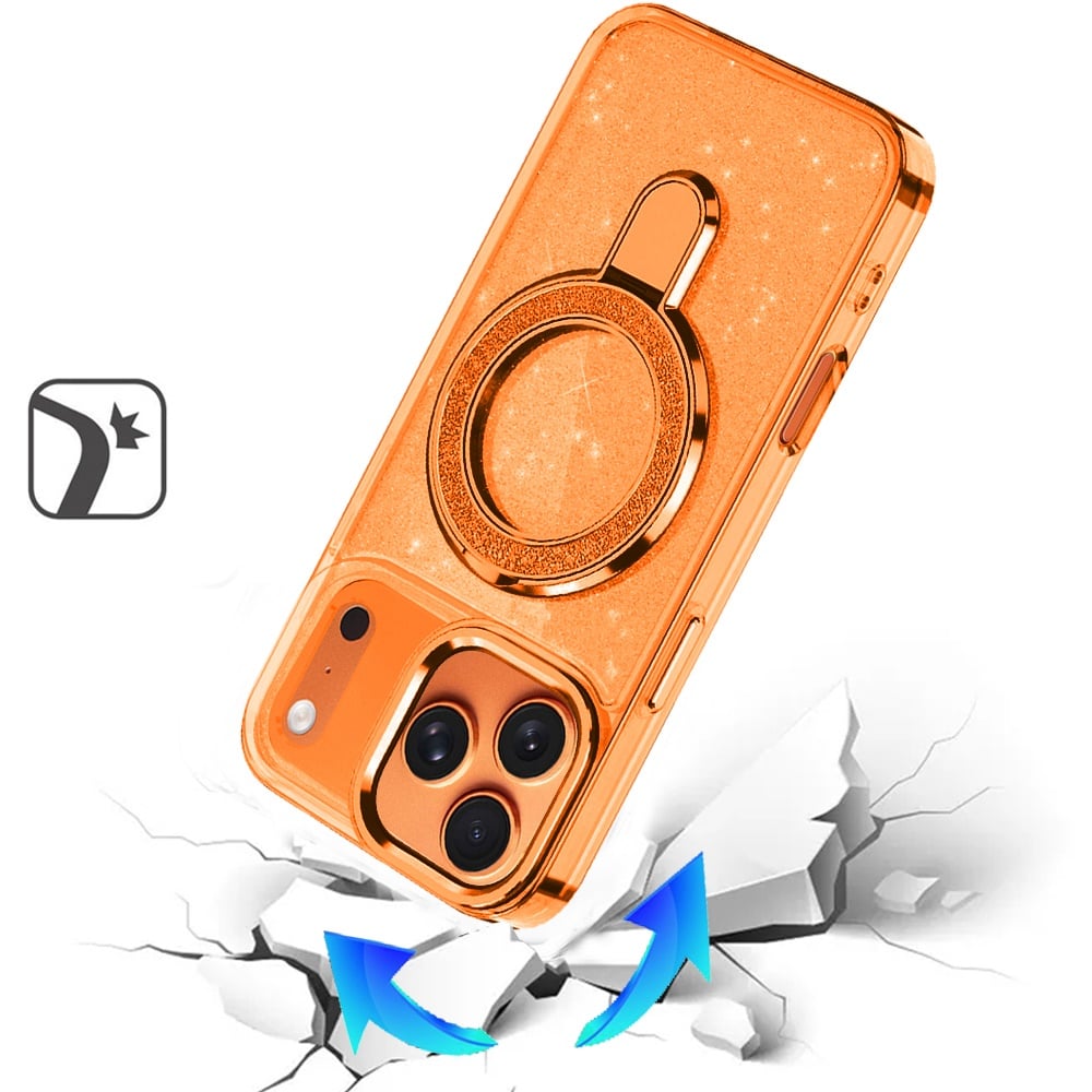 Phone Case for Apple iPhone 17 Pro Max (6.9") Transparent Glitter Bling Magnetic Ring Stand Shockproof Anti Slip Rotating Grip Protective Hybrid Durable Armor Cover Cosmic Orange