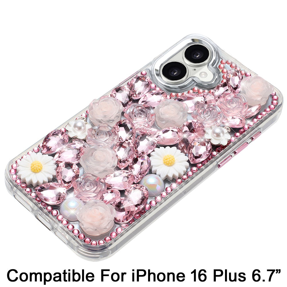 For Apple iPhone 16 Plus (6.7") Fashion Daisy Floral Series, Full 3D Bling Crystal Diamonds Sparkling Rhinestone Glitter Hybrid Design Case Cover