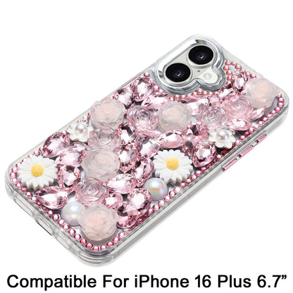 For Apple iPhone 16 Plus (6.7") Fashion Daisy Floral Series, Full 3D Bling Crystal Diamonds Sparkling Rhinestone Glitter Hybrid Design Case Cover