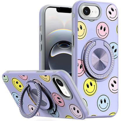 For Apple iPhone 16e Pattern Design Hybrid with Invisible Ring Stand & Magnetic Back, Shockproof Protective Grip Case Cover Emoji Smile Face