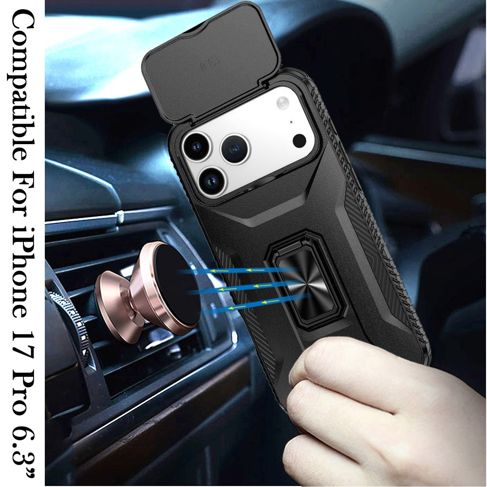 For Apple iPhone 17 Pro (6.3") Case, Camera Cover with Magnetic Rotation Ring Stand, Military Grade Hybrid Hard TPU Shockproof Case Cover