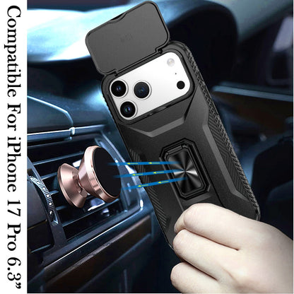 For Apple iPhone 17 Pro (6.3") Case, Camera Cover with Magnetic Rotation Ring Stand, Military Grade Hybrid Hard TPU Shockproof Case Cover