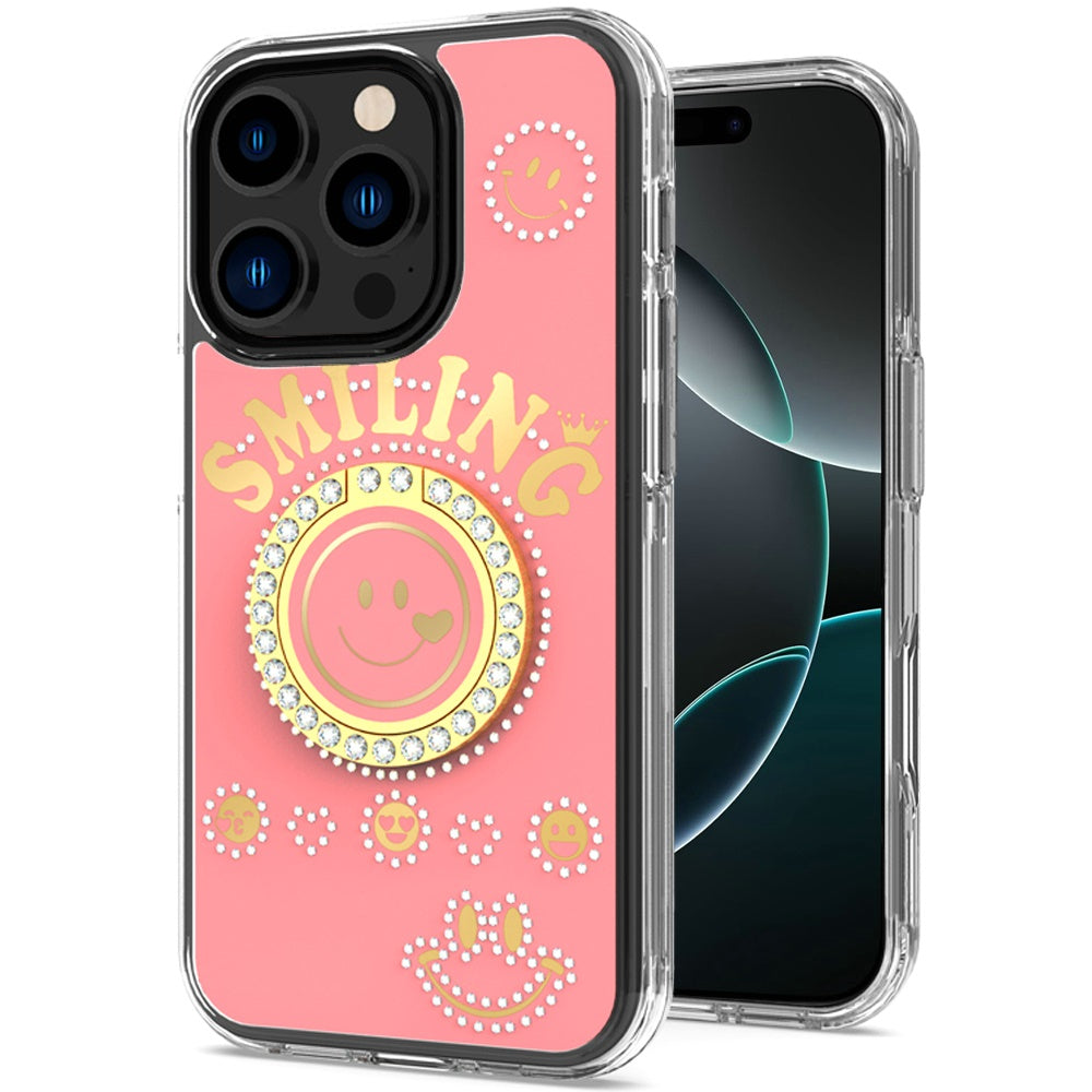 For Apple iPhone 16 Pro (6.3") Smiling Glitter Ornament Bling Sparkle with Ring Stand Hybrid Slim TPU + Hard Back Shell Case Cover