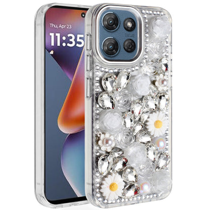 For Motorola Moto G 5G 2026/2025 Fashion Daisy Floral Series, Full 3D Bling Crystal Diamonds Sparkling Rhinestone Glitter Hybrid Design Case Cover White