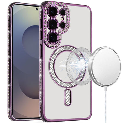 For Samsung Galaxy S25 Ultra Bling Case with Diamond Magnetic Circle, Transparent Slim Shockproof Hybrid Slim Fit Case Cover