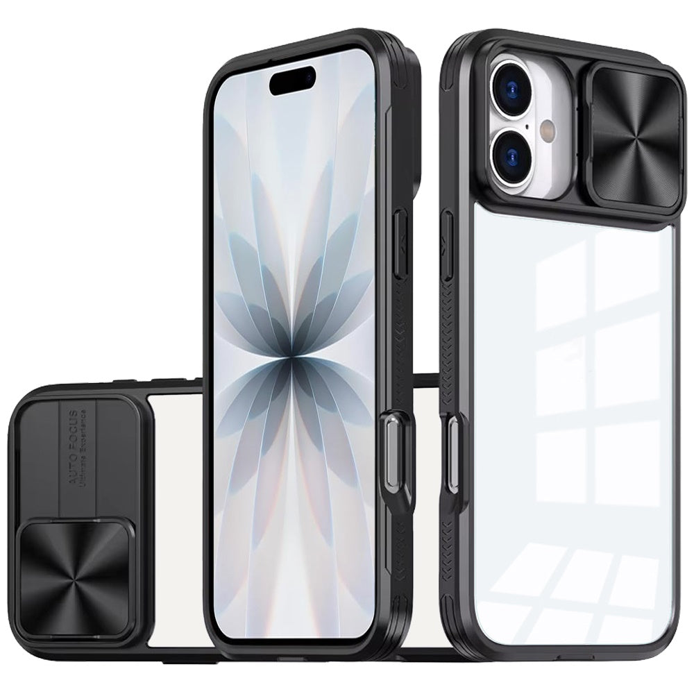 For Apple iPhone 17 (6.3") Hybrid Cases with Sliding Camera Cover Transparent Shockproof Bumper TPU Protective Case Cover Black