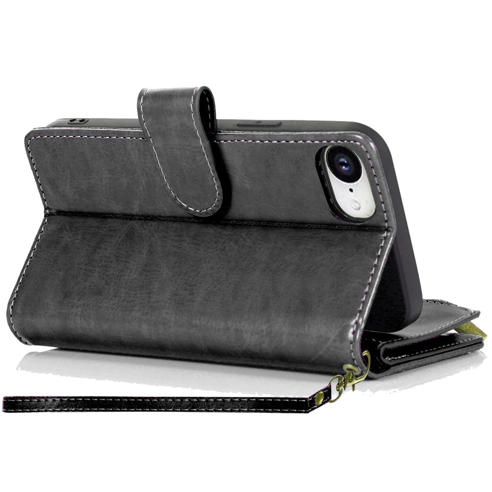 For Apple iPhone 17E /16E Leather Wallet Case with Zipper, 9 Card Slots, Cash Pocket, Stand & Strap, Clutch Pouch Design Case Cover Black