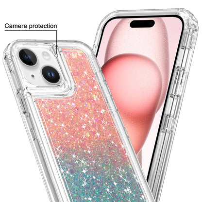 For Apple iPhone 17E /16E Epoxy Bling Glitter Sparkly 3-in-1 Transparent Hybrid Full-Body Shockproof PC Bumper Case Cover Pink + Blue
