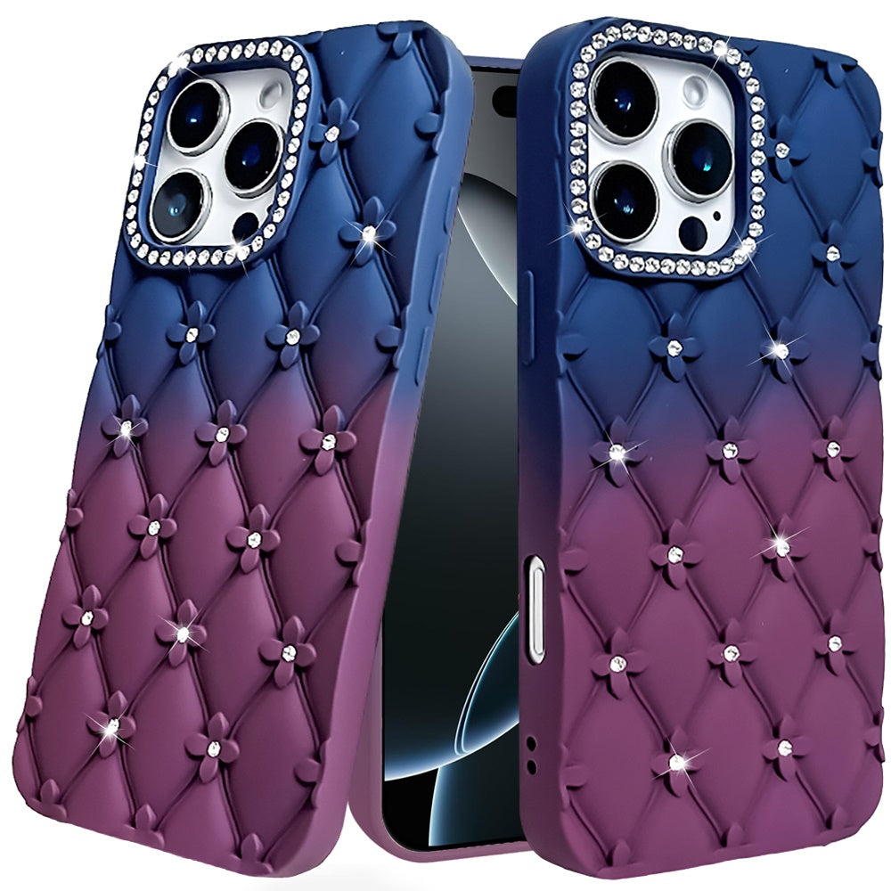 For iPhone 16 Pro Max (6.9") Fashion Flower Design Sparkle Glitter Shimmer Rhinestone Bling Floral Accents, Leather Texture TPU Case Cover