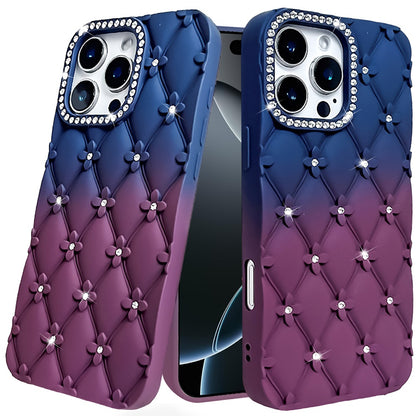 For iPhone 16 Pro Max (6.9") Fashion Flower Design Sparkle Glitter Shimmer Rhinestone Bling Floral Accents, Leather Texture TPU Case Cover