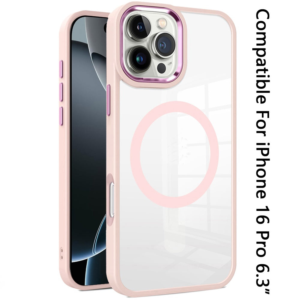 For Apple iPhone 16 Pro (6.3") MagSafe Compatible Transparent Greatest Clear Acrylic with Color Frame Thick Hybrid TPU Hard Case Cover