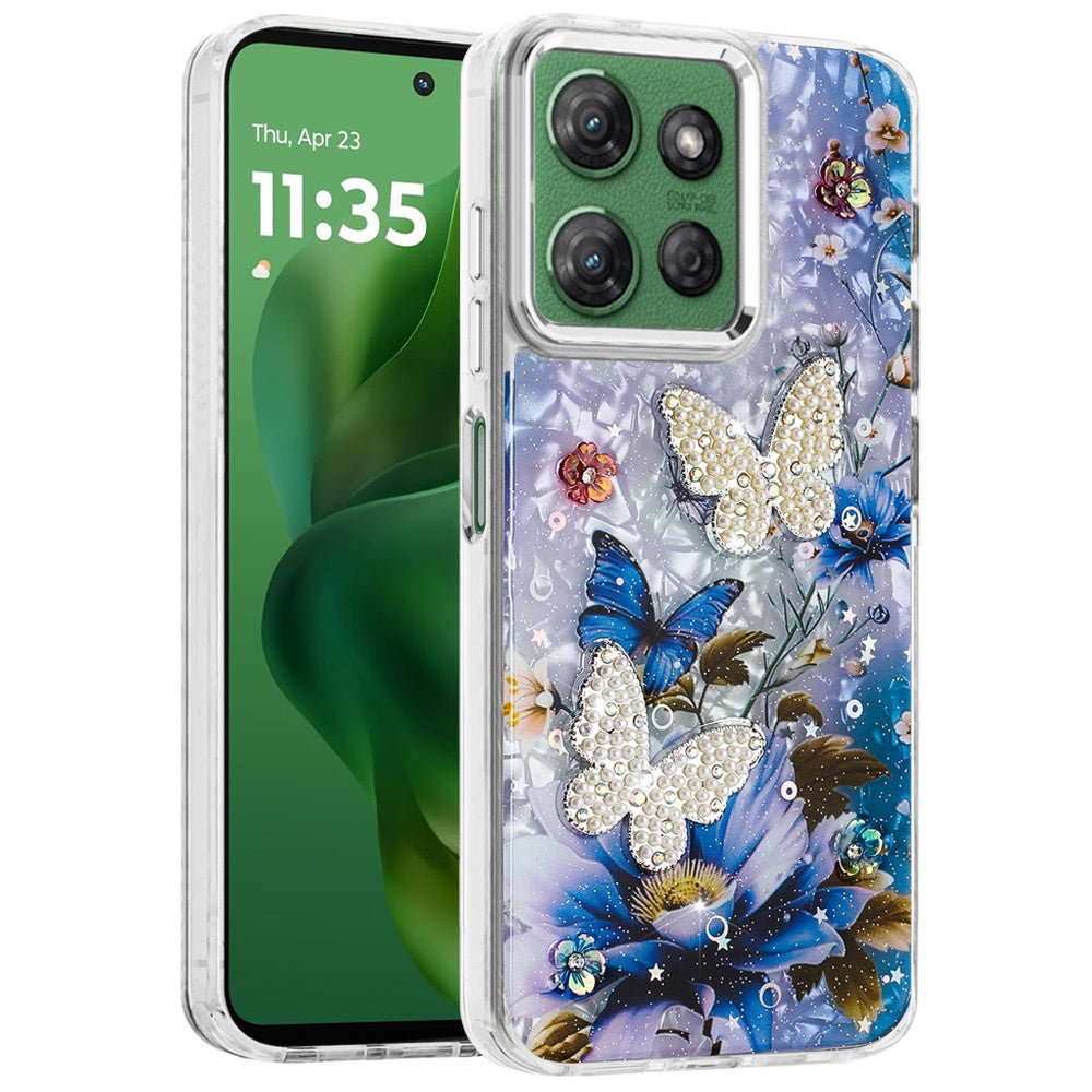 For Motorola Moto G Stylus 5G 2025 Epoxy Glitter Flowers Bling 3D Butterfly Fashion TPU Hybrid with Shockproof Protection Case Cover
