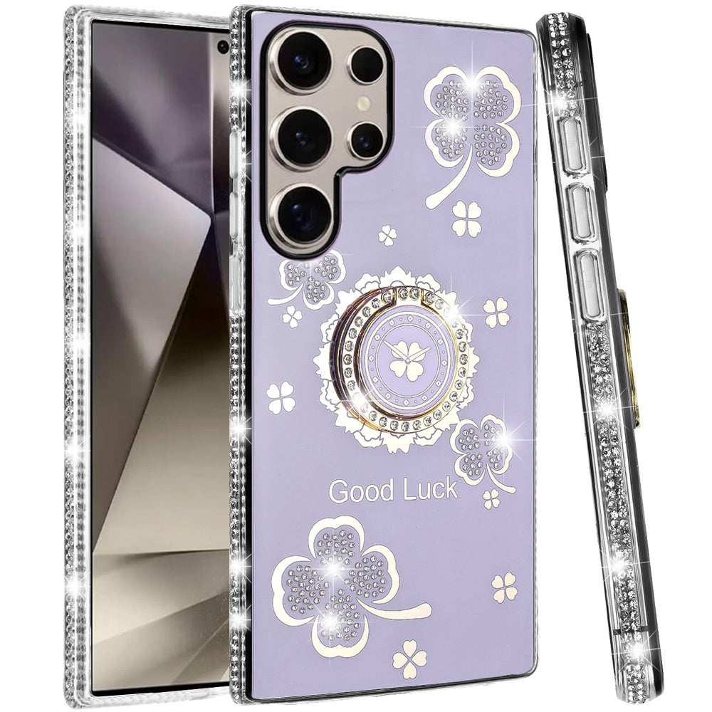For Samsung Galaxy S25 Ultra Diamonds Bling All Around Edges Sparkly Glitter Hybrid with Ring Stand Holder Fashion Good Luck Case Cover
